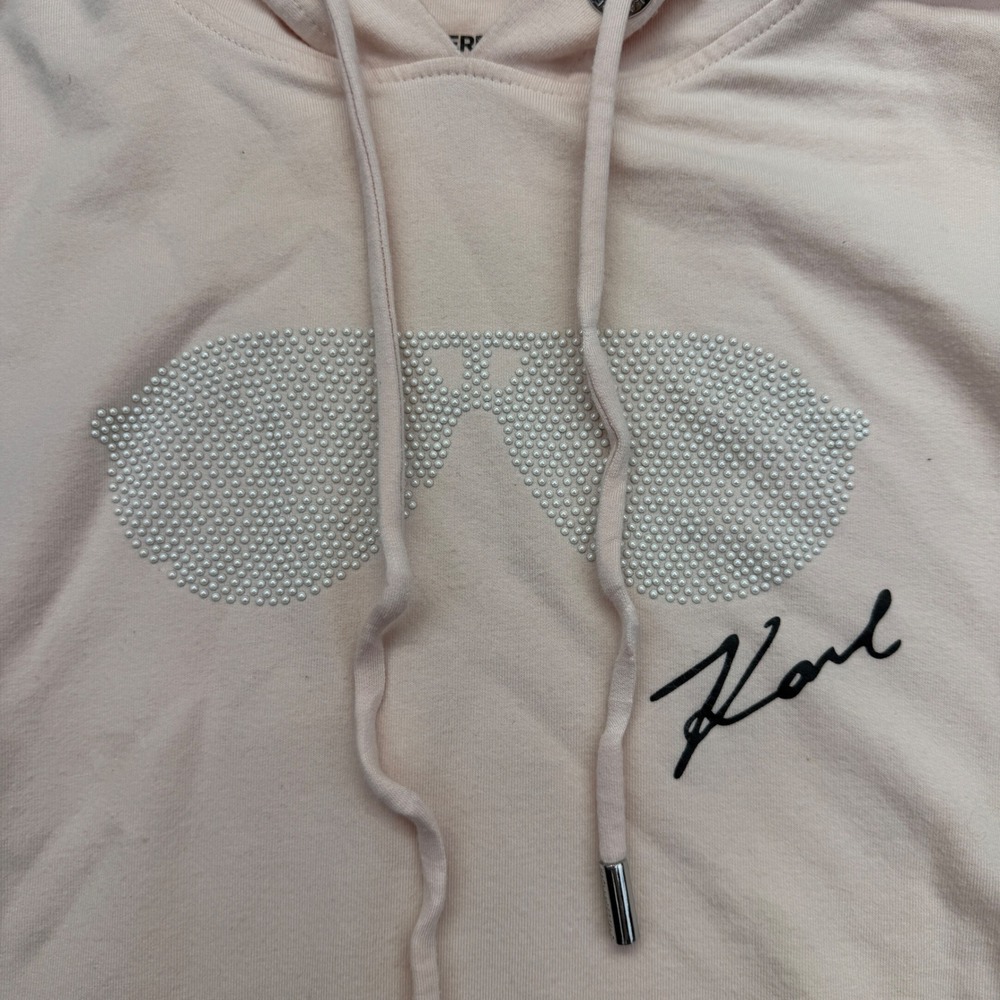 Karl Lagerfeld Blush Pink Embellished Sunglasses Logo Hoodie Sweatshirt M NWOT - Picture 3 of 13